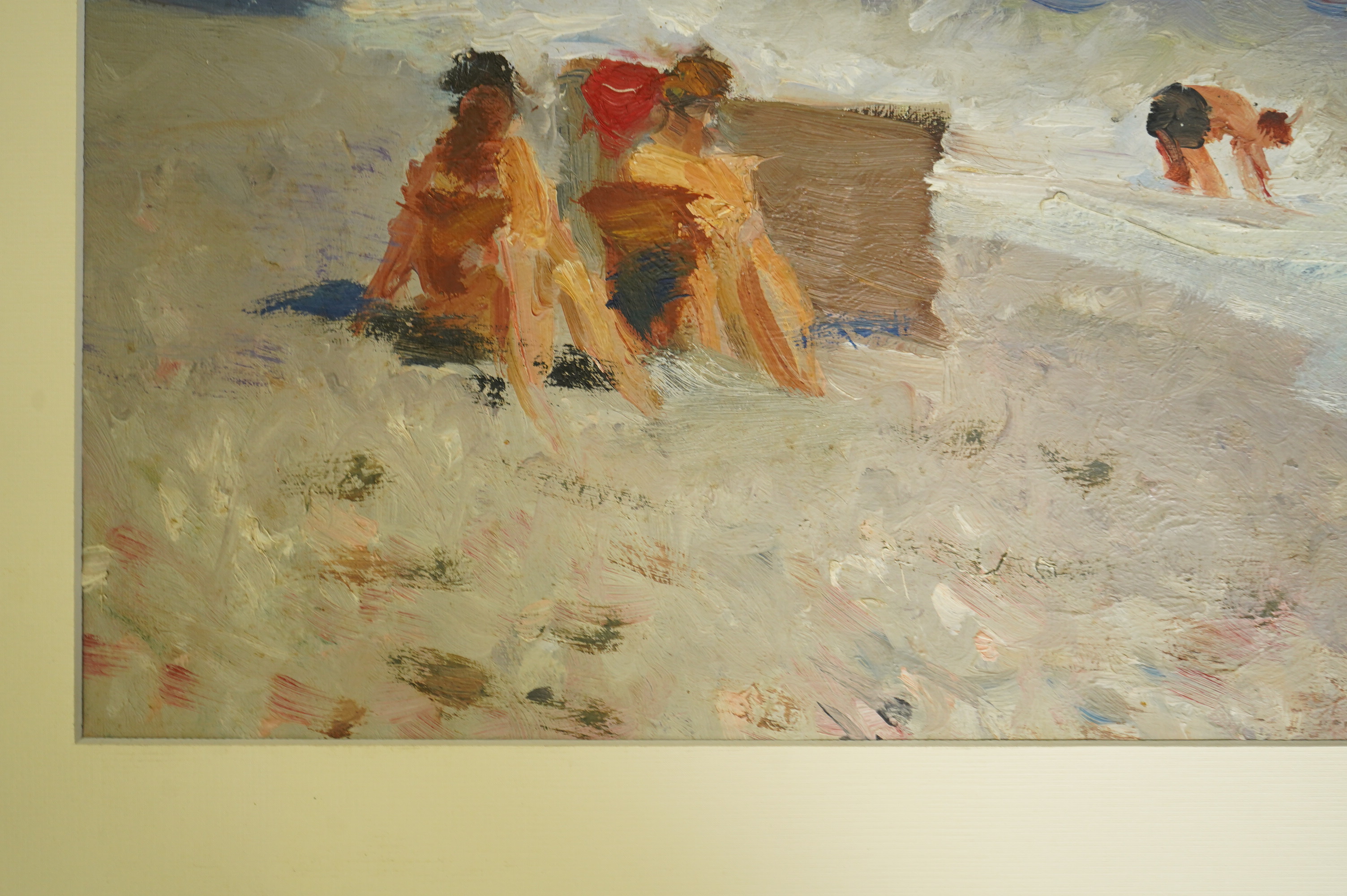 Impressionist oil on card, Beach scene with figures, unsigned, 27 x 32cm. Condition - good